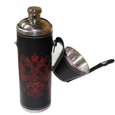Фляжка 10 oz 300мл 2 стопки, нерж с кожзамом