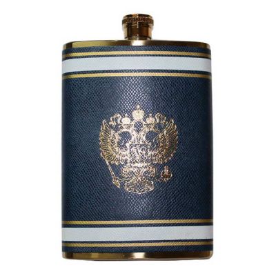 Фляжка 9 oz 270мл, нерж золотая с кожзамом, рисунок герб 