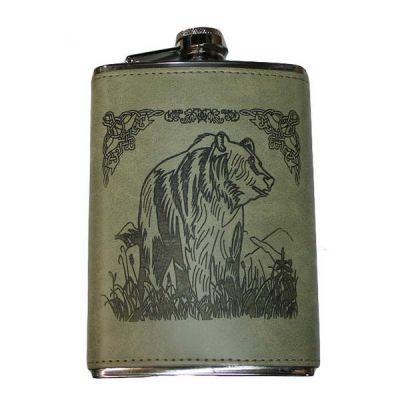 Фляжка 9 oz 270мл, нерж с кожзамом, картинка медведь