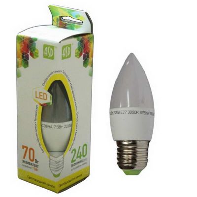 Лампа диод ASD Е27-7,5W 3000К 600Лм свеча С37